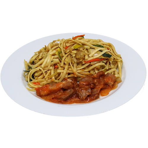 Babi pangang met bami goreng (zoutarm/natriumarm). 